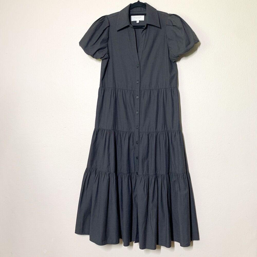 Brochu Walker The Havana Dress XS Washed Black Midi Short Puff Sleeves Cotton